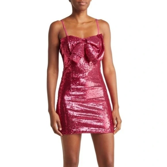 NWT Torn by Ronny Kobo Hot Pink Tulip Sequin Bow Front Lindsay Mini Dress XS - Picture 1 of 15